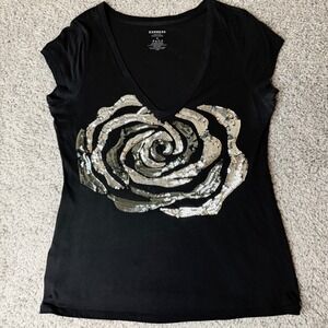Express Womens Black V-Neck Sequin Rose Graphic Tee Cap Sleeve Top Size M